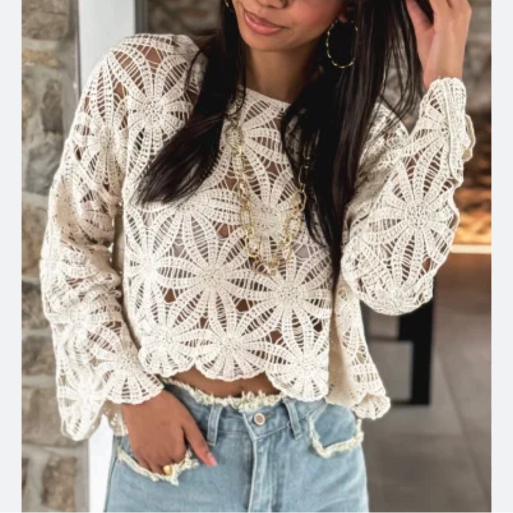 NEW Rebellion Cream Cotton Crochet Long Sleeve Sweater M